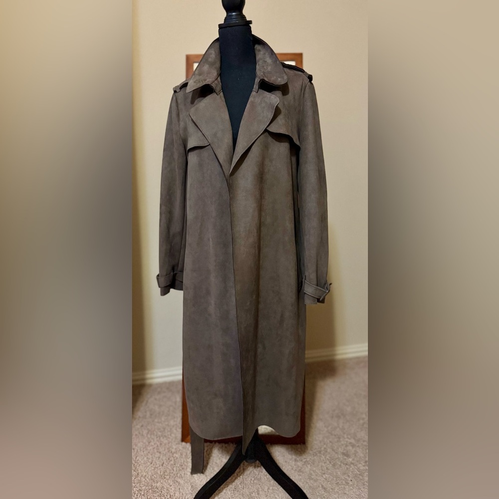 Philosophy Trench Coat Size L Faux Leather Suede Belted Jacket Mushroom Color